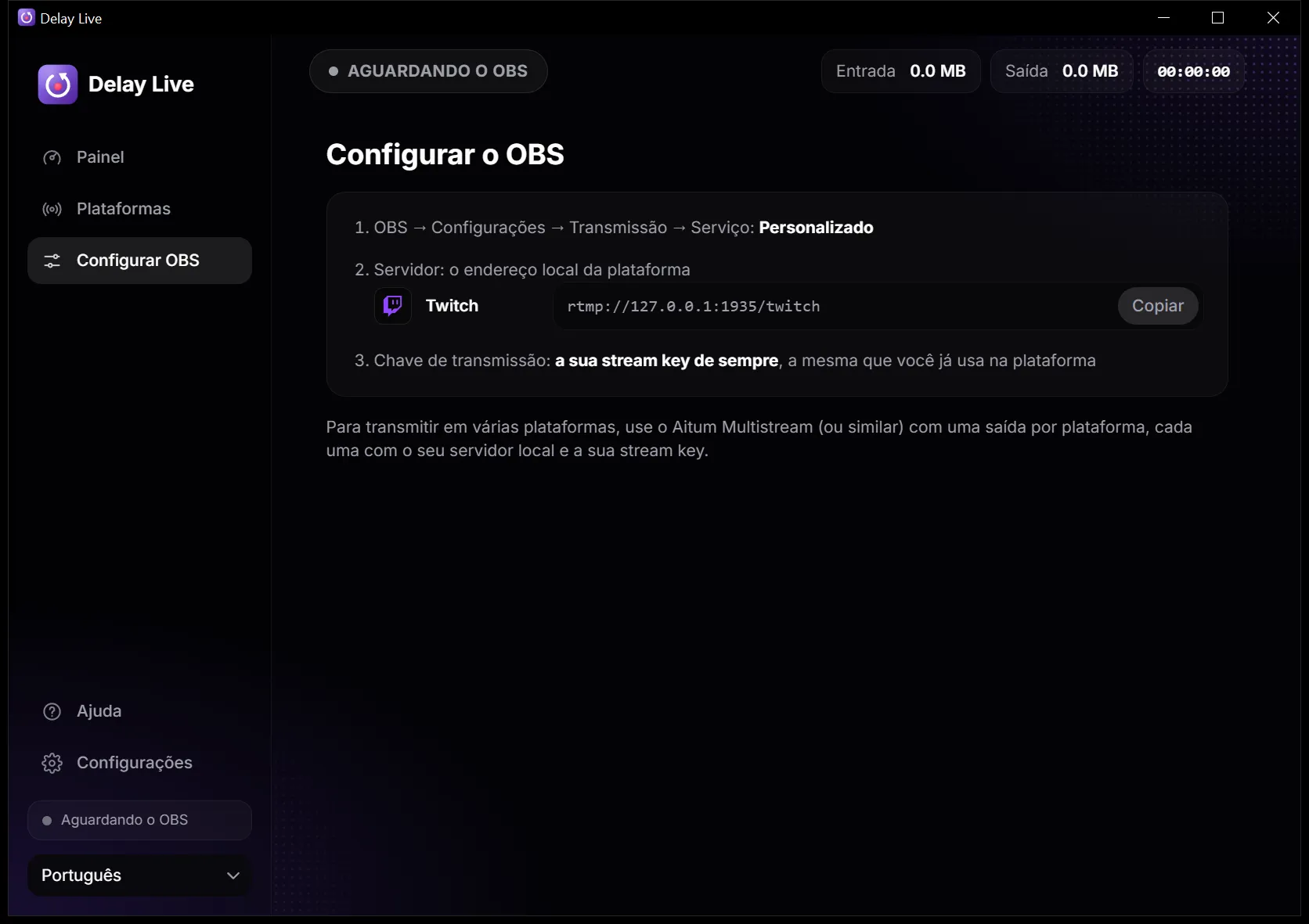 Página Configurar OBS com o endereço local da Twitch para copiar