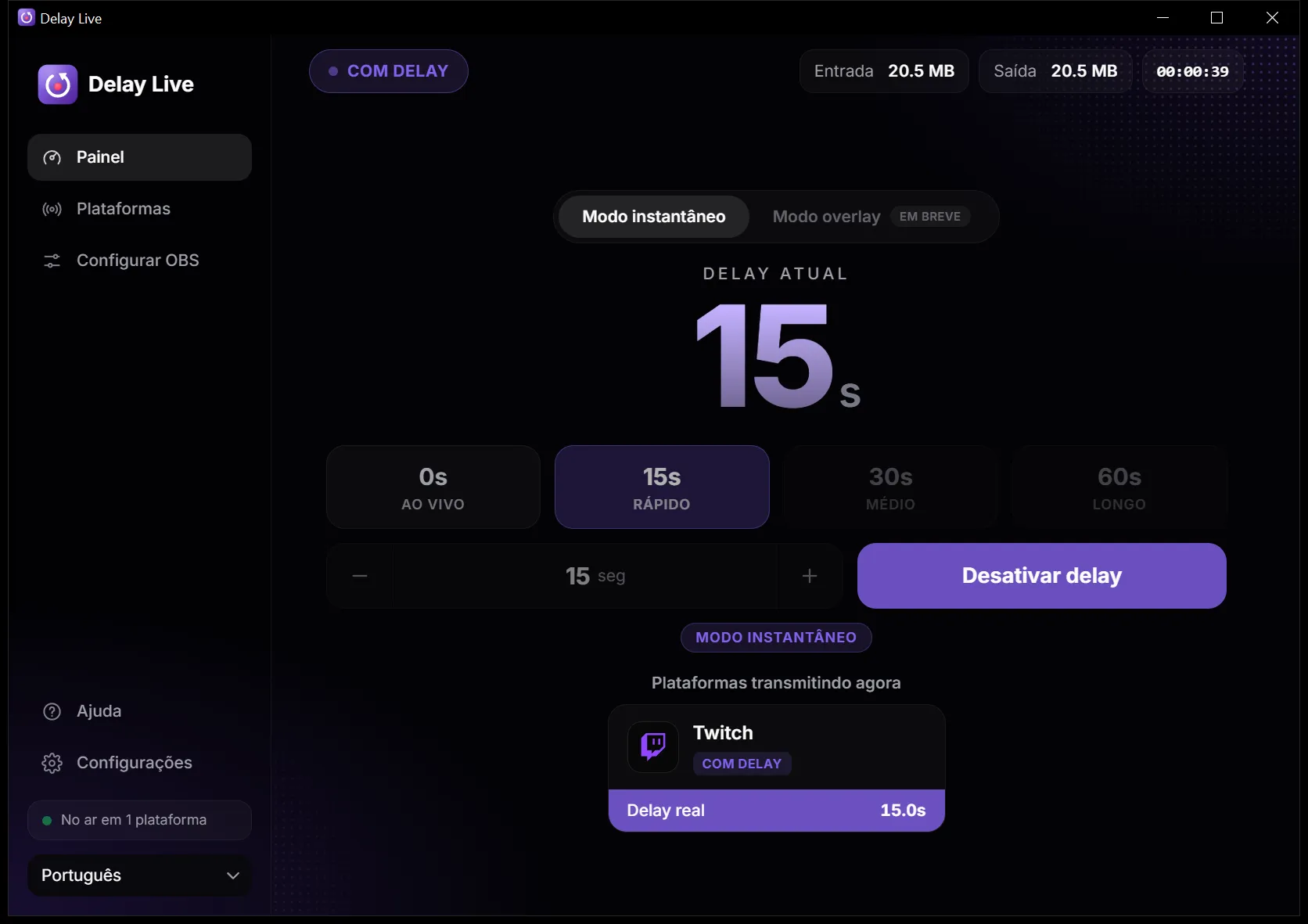 Painel do Delay Live com 15 segundos de delay ativo na Twitch