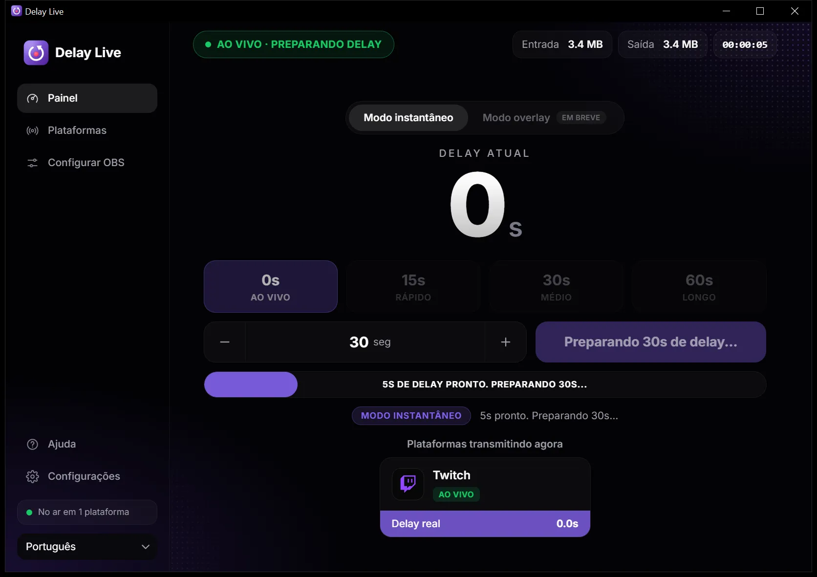 Painel ao vivo com a barra mostrando o delay sendo preparado