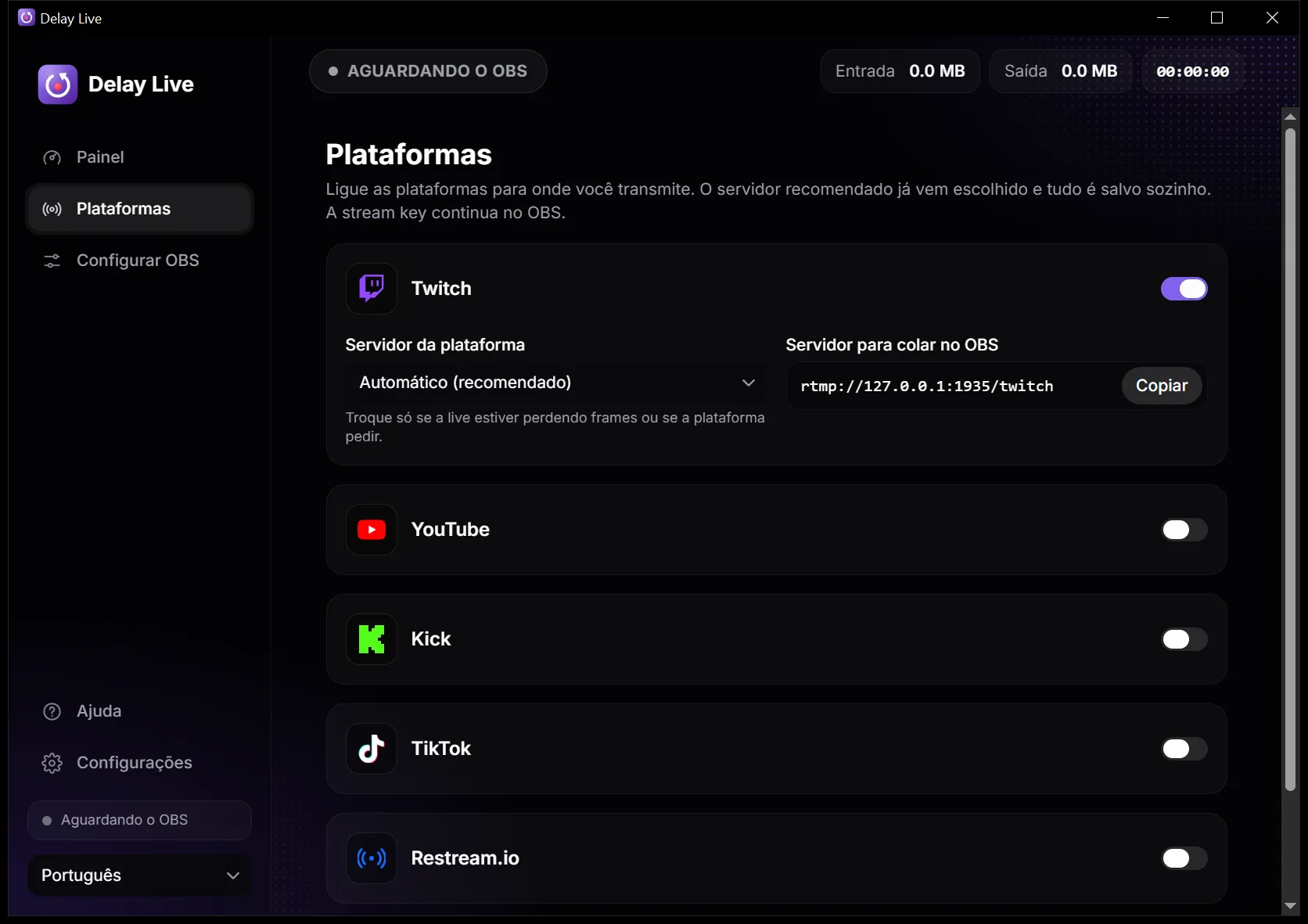 Página Plataformas do Delay Live com a Twitch ligada